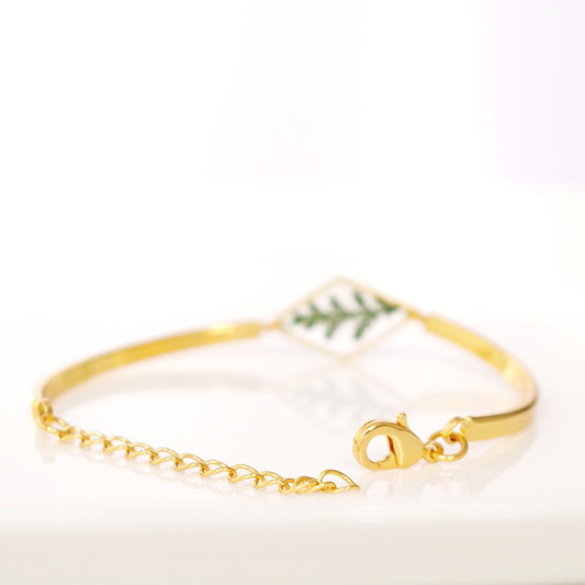 Gold bracelet with real pressed fern leaf in resin Terrarium Jewelry Mothers day gift for mom Botanical Jewelry