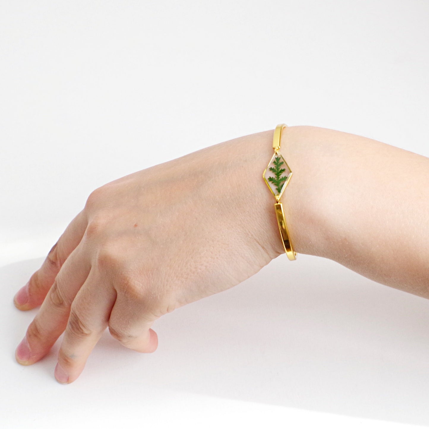 Gold bracelet with real pressed fern leaf in resin Terrarium Jewelry Mothers day gift for mom Botanical Jewelry
