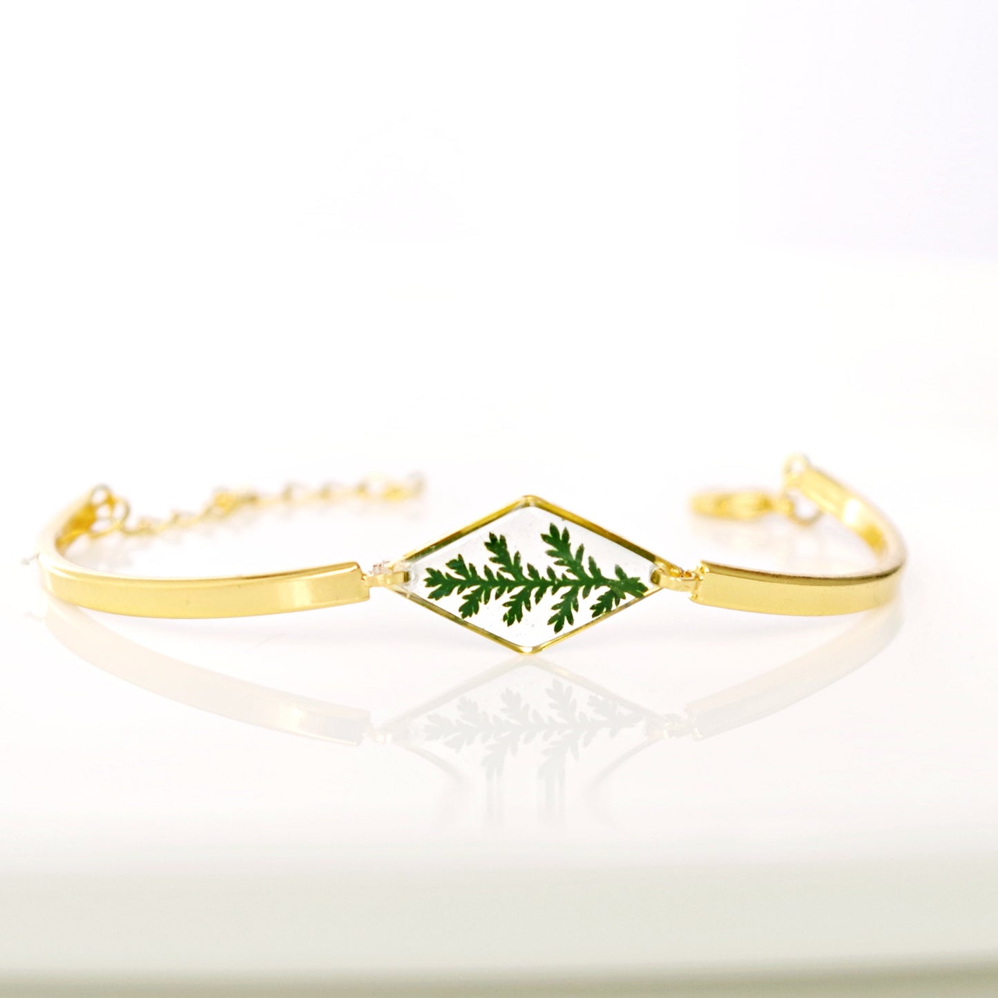 Gold bracelet with real pressed fern leaf in resin Terrarium Jewelry Mothers day gift for mom Botanical Jewelry