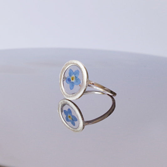 Blue Flower Ring Real Forget me not jewelry Adjustable silver ring Pressed blue flower jewelry Minimalist gift for her Myosotis