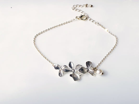 Silver Orchid Bracelet Cascading Flower Bracelet  with Pearl Bridesmaid Bracelet Bridesmaid Gift for women Orchid jewelry