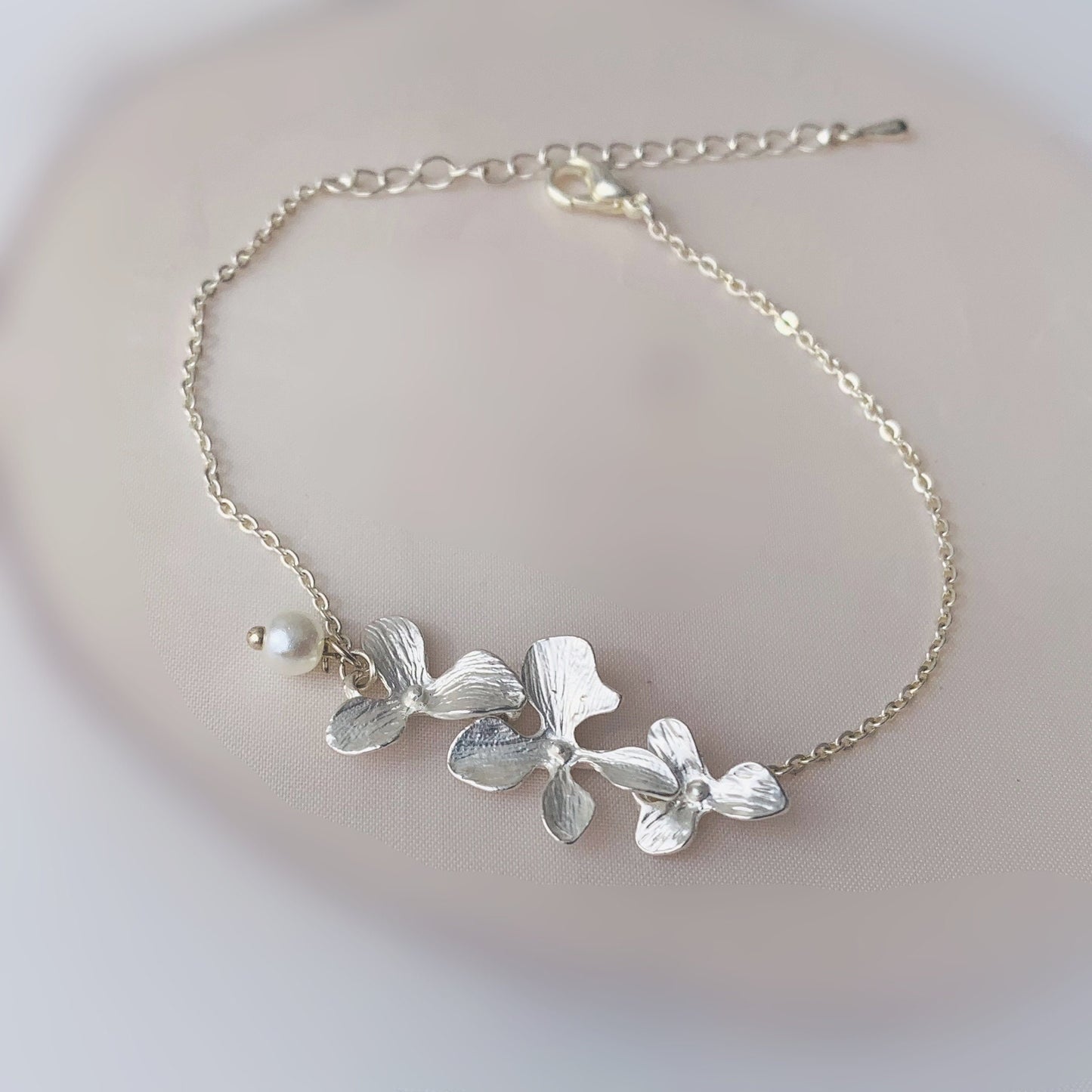 Silver Orchid Bracelet Cascading Flower Bracelet  with Pearl Bridesmaid Bracelet Bridesmaid Gift for women Orchid jewelry
