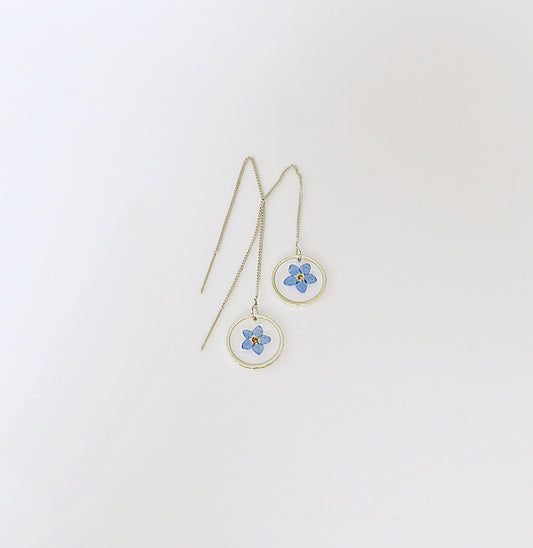 Silver threader earrings Forget me Not in resin chain earrings Tiny pressed flower jewelry Long dangle earrings