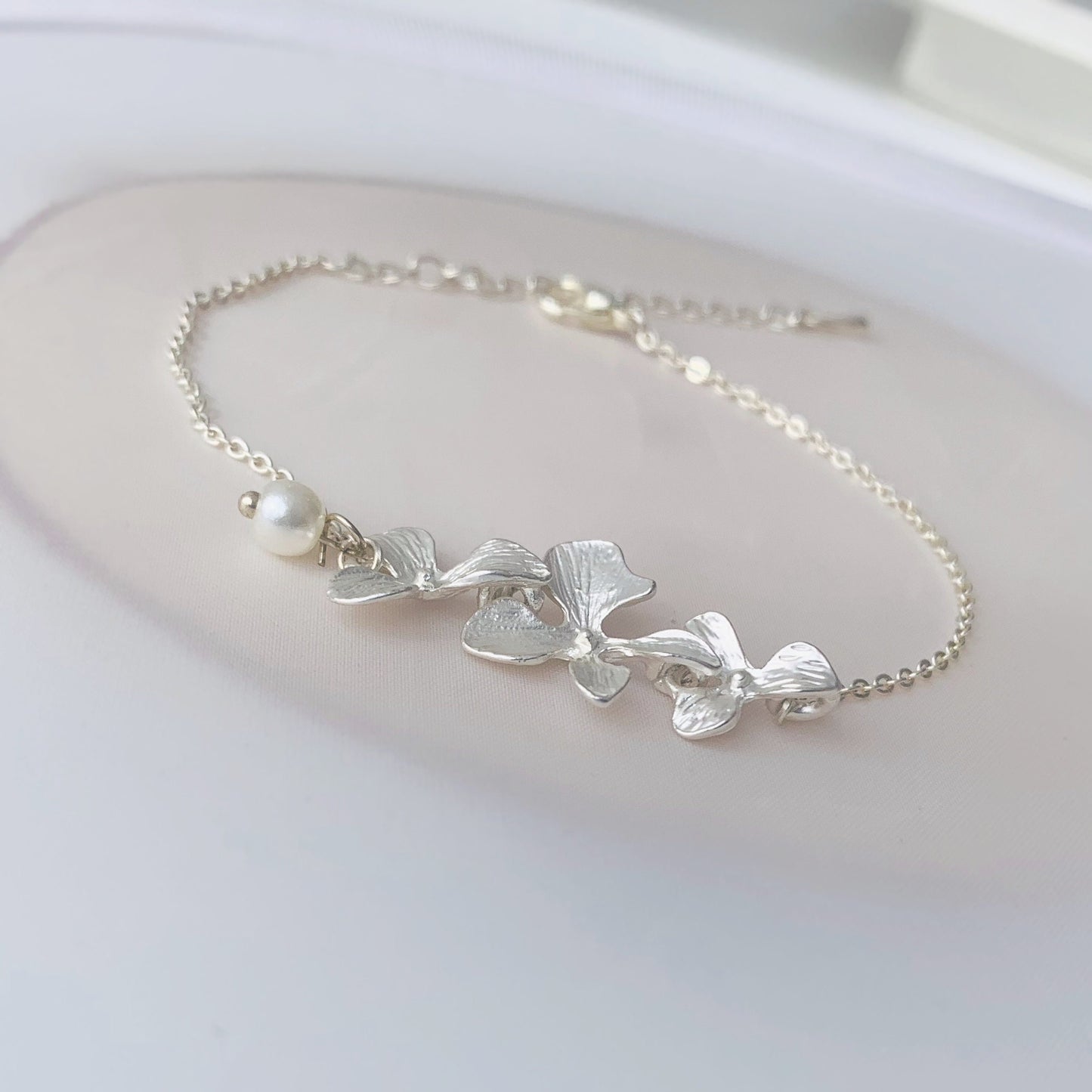 Silver Orchid Bracelet Cascading Flower Bracelet  with Pearl Bridesmaid Bracelet Bridesmaid Gift for women Orchid jewelry
