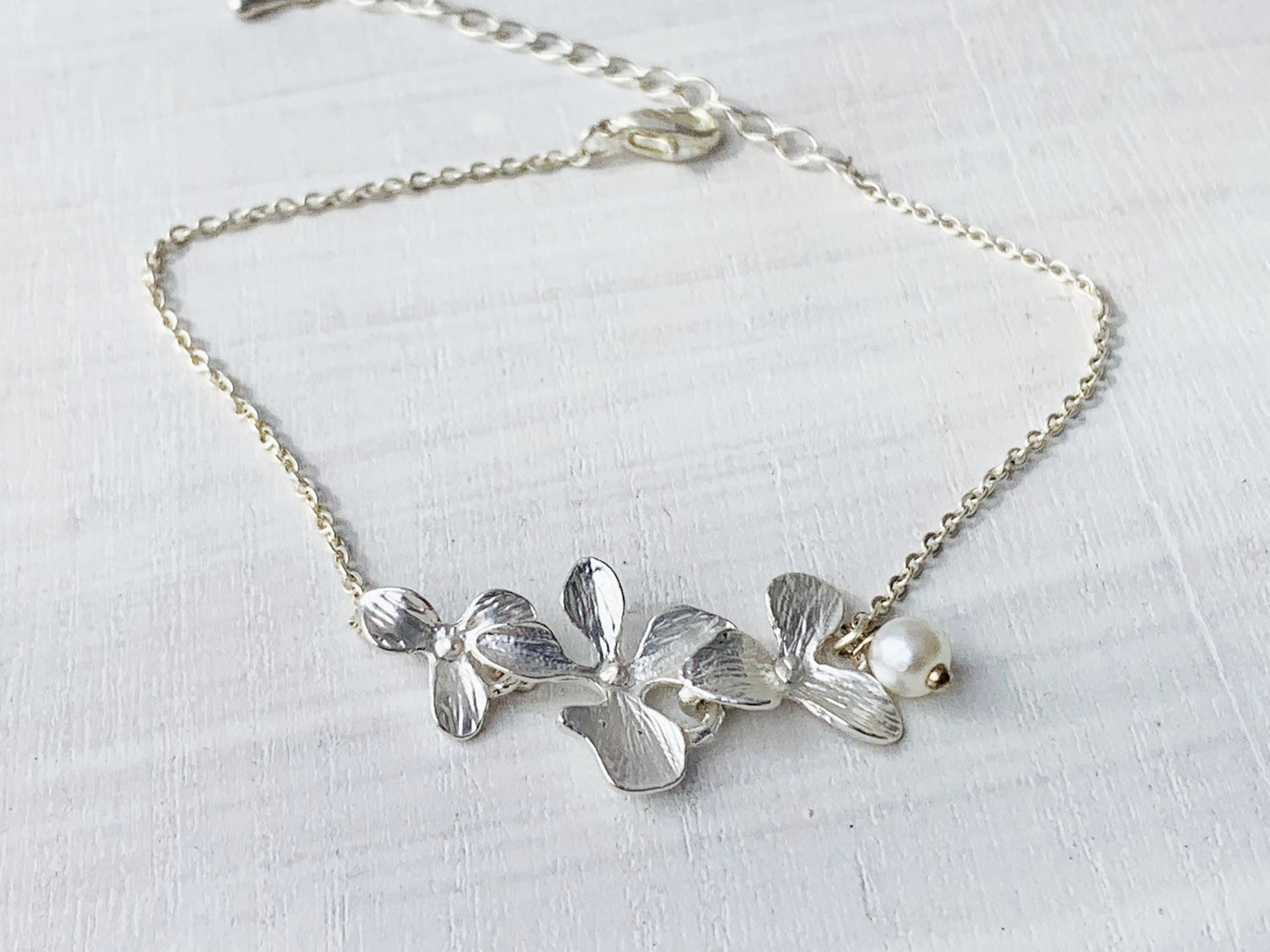 Silver Orchid Bracelet Cascading Flower Bracelet  with Pearl Bridesmaid Bracelet Bridesmaid Gift for women Orchid jewelry