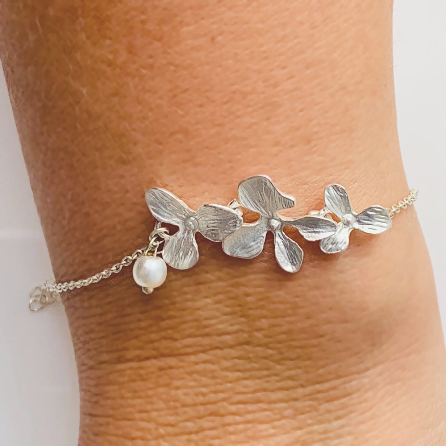 Silver Orchid Bracelet Cascading Flower Bracelet  with Pearl Bridesmaid Bracelet Bridesmaid Gift for women Orchid jewelry