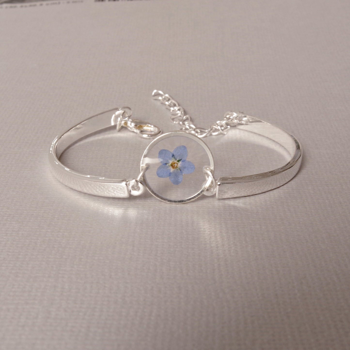 Personalized Name Bracelet with Blue Forget me not, Floral Engraved Jewelry ,Mom Bracelet , Bridesmaid Gift, Birthday Gift for Her