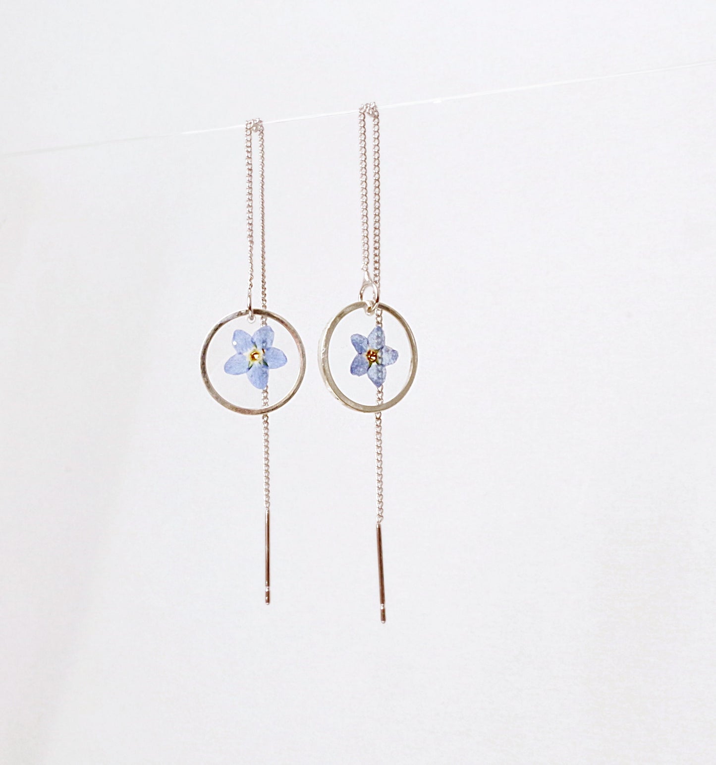 Silver threader earrings Forget me Not in resin chain earrings Tiny pressed flower jewelry Long dangle earrings