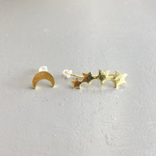 Crescent Moon Stud and Stars Ear Climber Mismatched stud earrings Asymmetrical Mix and match small star Unique gifts for women friends