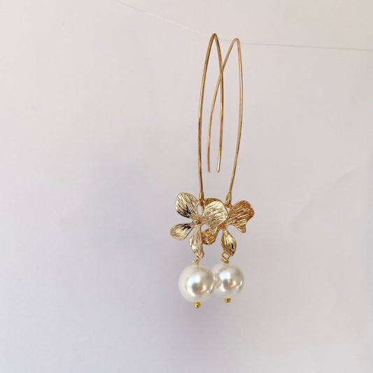 Gold orchid earrings Pearl long dangle flower earrings Floral Bridal jewelry Ivory cream  pearl wedding earrings