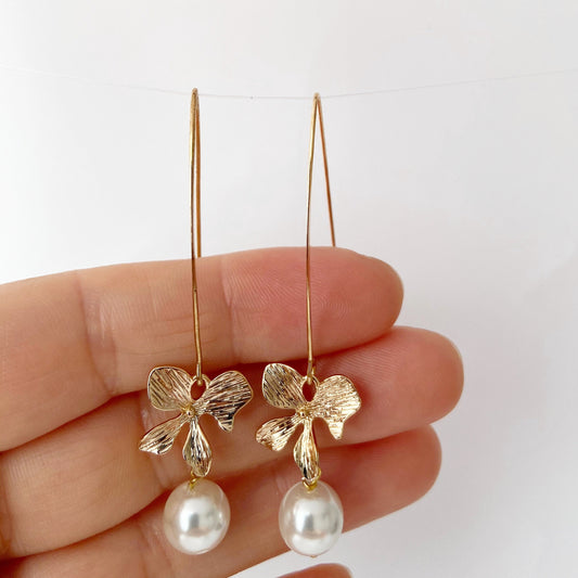 Gold orchid earrings Pearl long dangle flower earrings Floral Bridal jewelry Ivory cream  pearl wedding earrings