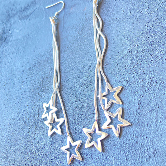Small Star Silver Dangle Drop Earrings Galaxy Cascade of Stars Jewelry Falling Stars Threader Long Earrings