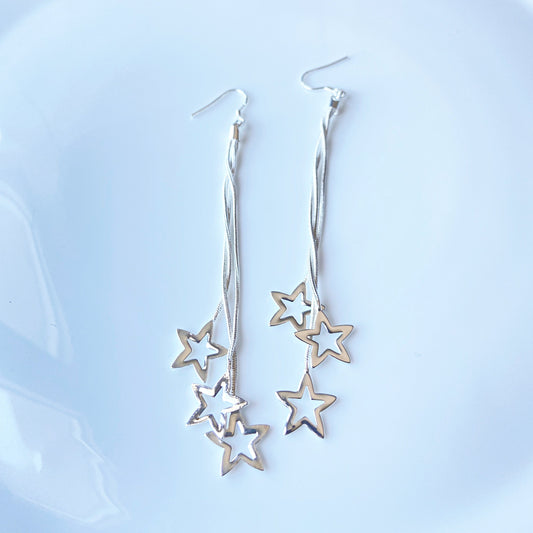 Small Star Silver Dangle Drop Earrings Galaxy Cascade of Stars Jewelry Falling Stars Threader Long Earrings