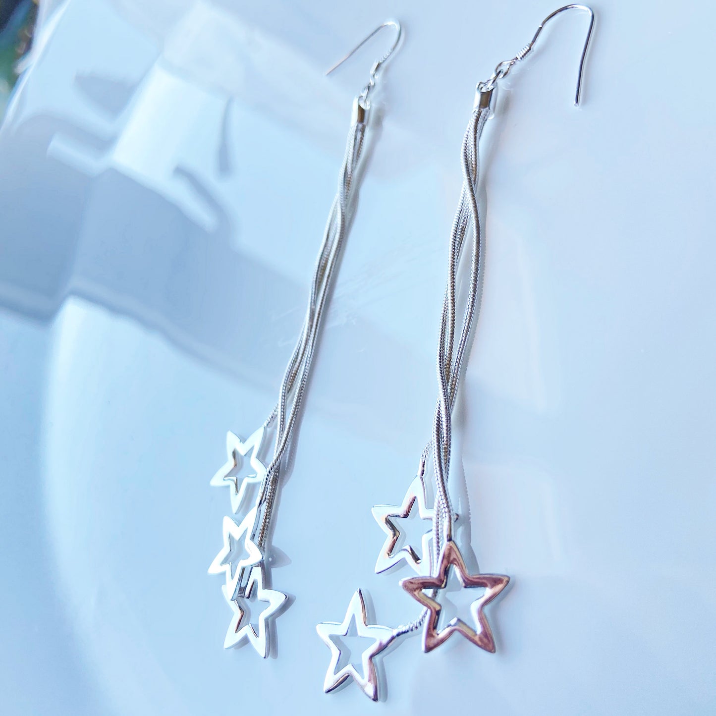Small Star Silver Dangle Drop Earrings Galaxy Cascade of Stars Jewelry Falling Stars Threader Long Earrings