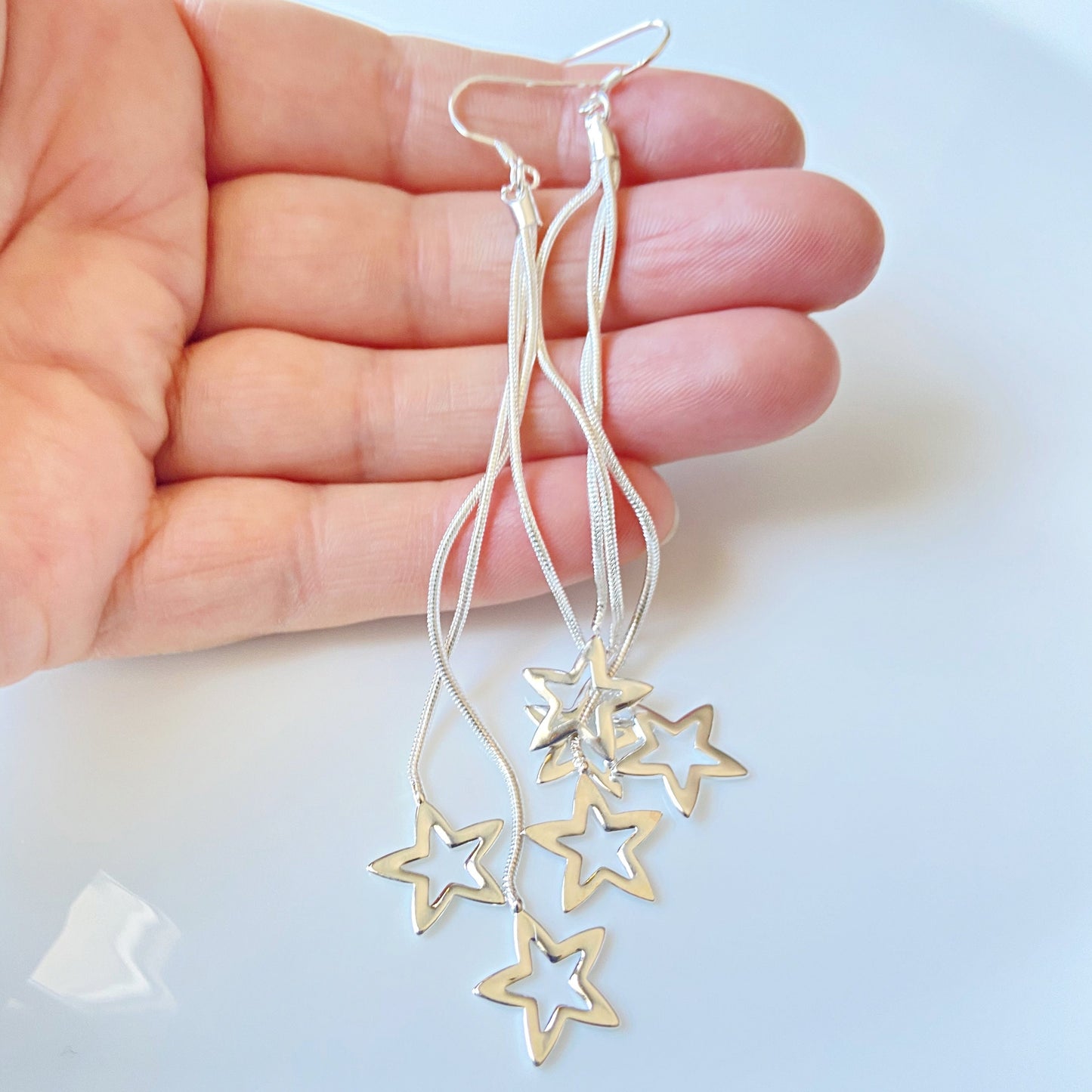 Small Star Silver Dangle Drop Earrings Galaxy Cascade of Stars Jewelry Falling Stars Threader Long Earrings