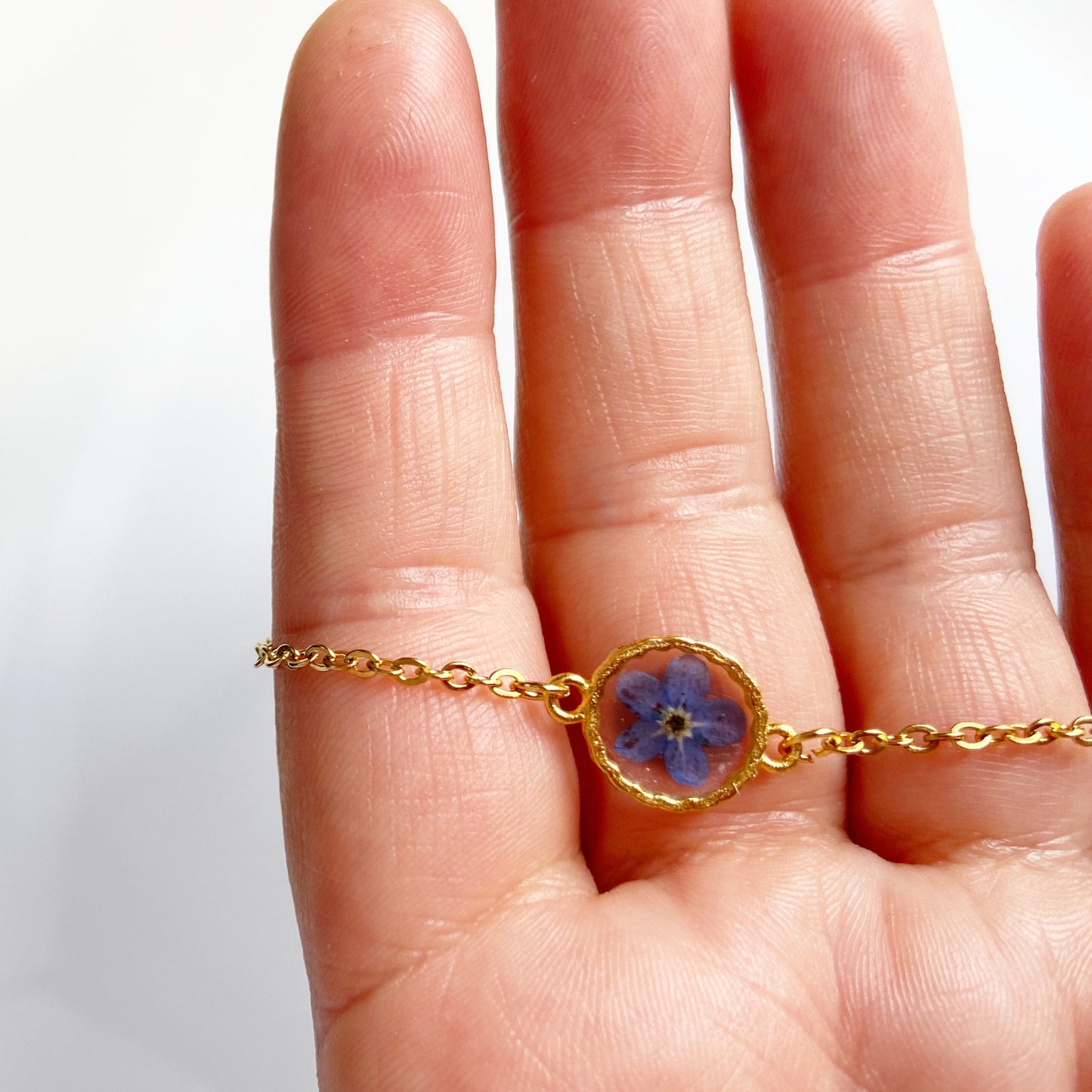 Blue flower in resin gold  bracelet  for women  Flower Forget me not handmade jewelry Christmas gift for her Bridesmaid gift