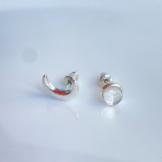 Tiny  Moon and moonstone mismatched stud earrings , Celestial jewelry for women , Minimalist Crescent Moon Earrings