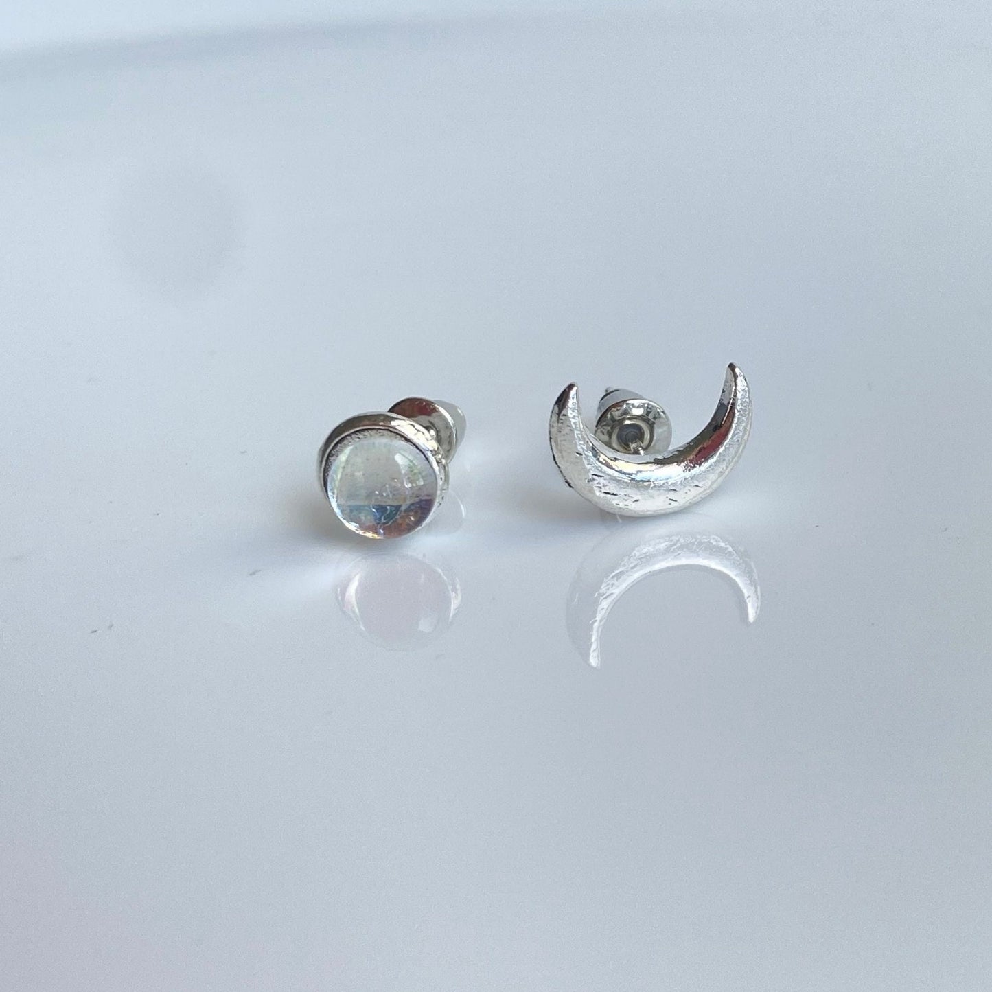 Tiny  Moon and moonstone mismatched stud earrings , Celestial jewelry for women , Minimalist Crescent Moon Earrings
