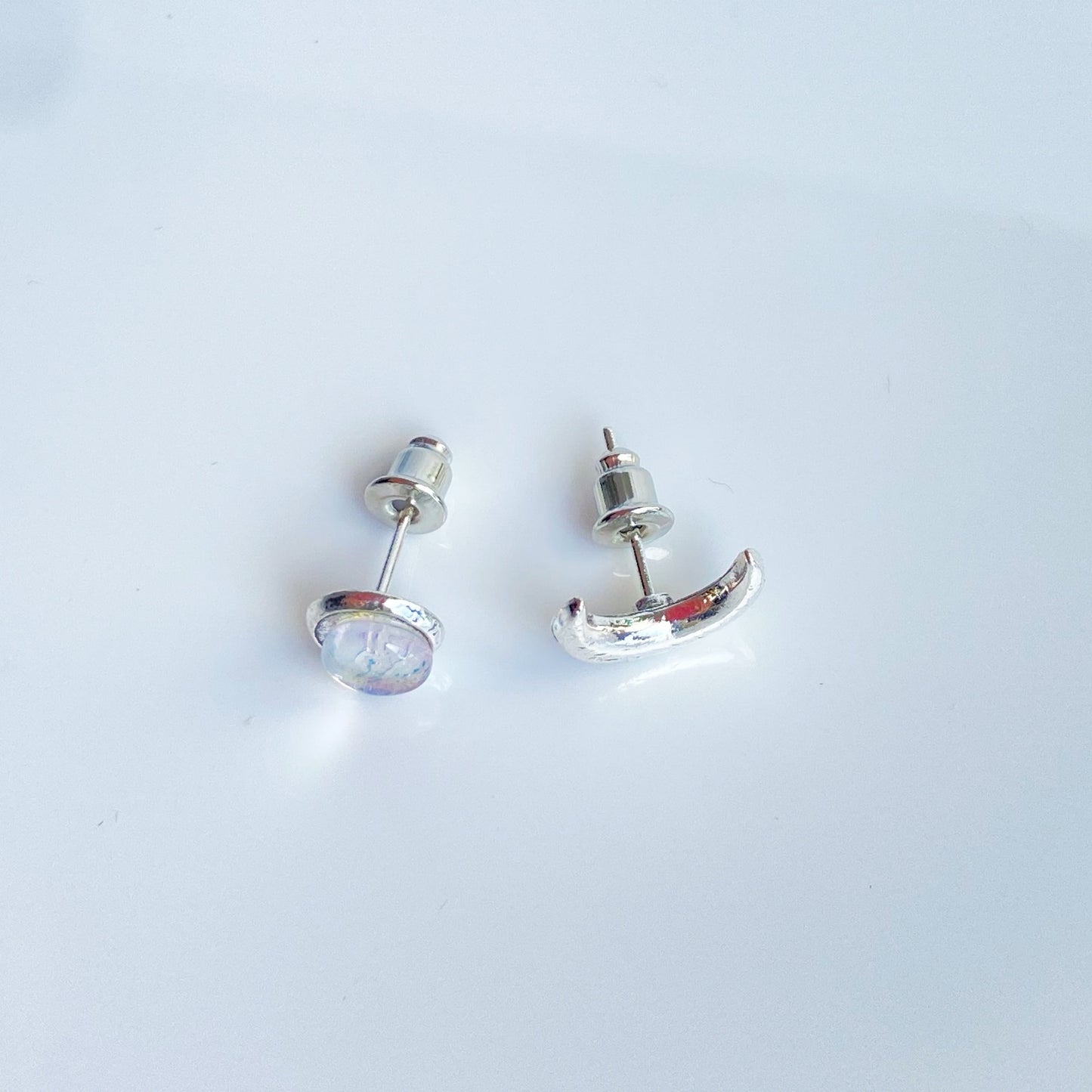 Tiny  Moon and moonstone mismatched stud earrings , Celestial jewelry for women , Minimalist Crescent Moon Earrings
