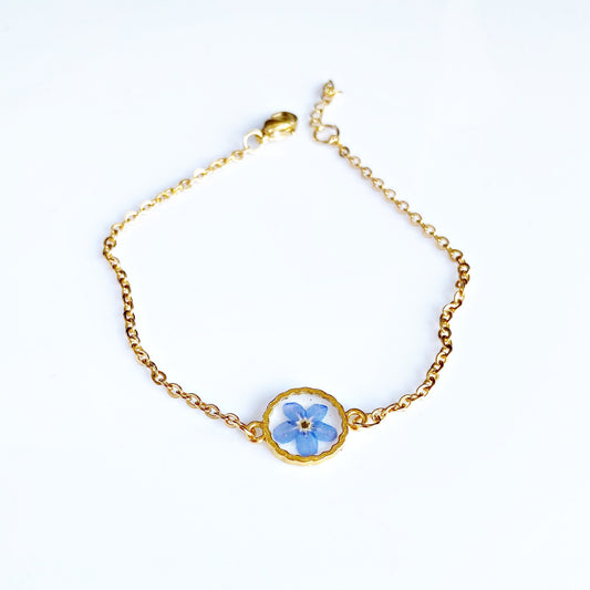 Blue flower in resin gold  bracelet  for women  Flower Forget me not handmade jewelry Christmas gift for her Bridesmaid gift