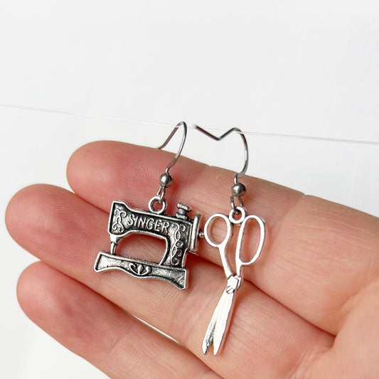 Scissors and sewing machine mismatched earrings , sewing gift Novelty quirky Crafty gift seamstress jewelry