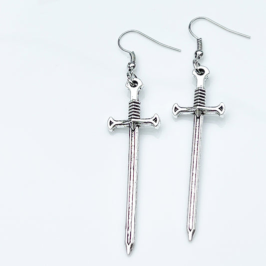 Silver sword earrings, Sword Victorian goth jewelry, Medieval swords ,Hypoallergenic ear wires dagger earrings, Knife Renaissance jewellery