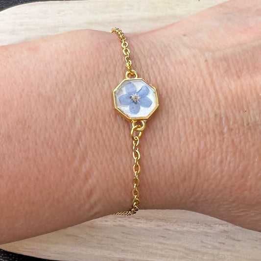 Forget me not flower bracelet for women ,  Pressed Blue Flower Jewelry , Gifts For Her ,Memorial bracelet , Summer jewelry