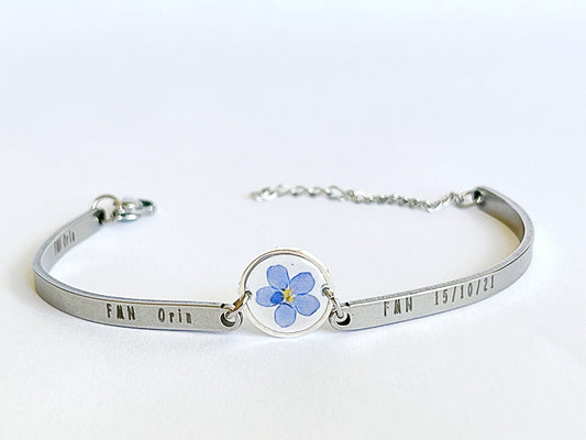 Personalized Name Bracelet with Blue Forget me not, Floral Engraved Jewelry ,Mom Bracelet , Bridesmaid Gift, Birthday Gift for Her