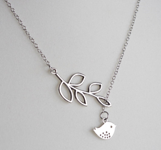 Mothers Day Gift Bird and Branch Lariat Necklace Leaf Pendant Necklace Bird charm necklace Wedding jewelry Love Bird Necklace Bridal mom