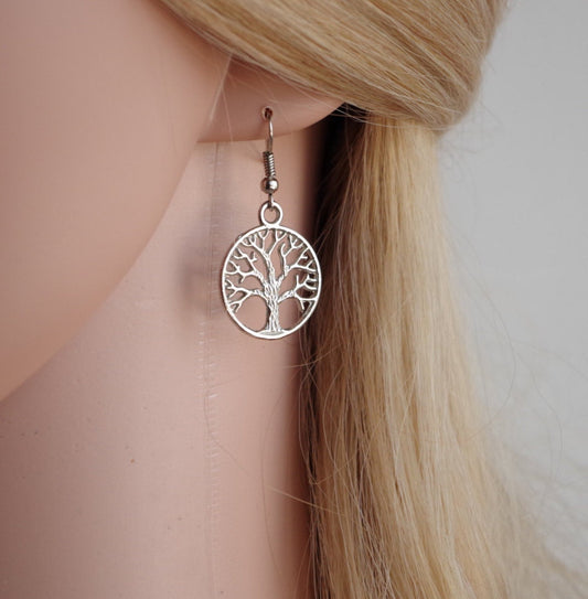 Silver Tree Earrings Family Tree Earrings Drop Earrings Circle of Life  Dangle Earrings Simple Everyday Silver Tree Earrings Christmmas Gift