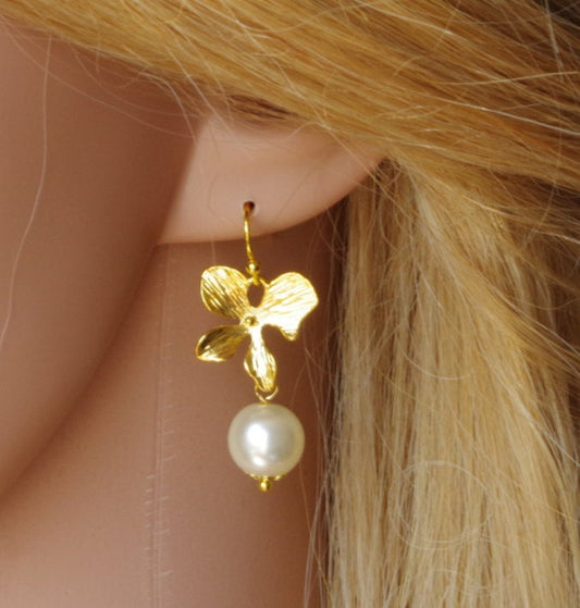 Gold orchid earrings with pearls. Flowers jewelry Bridal gift Wedding earrings Mothers day gift for women