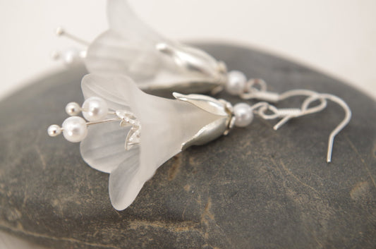 White Lucite Flower Earrings Lilac Flower Dangle Earrings Victorian Jewelry Party Gift Idea