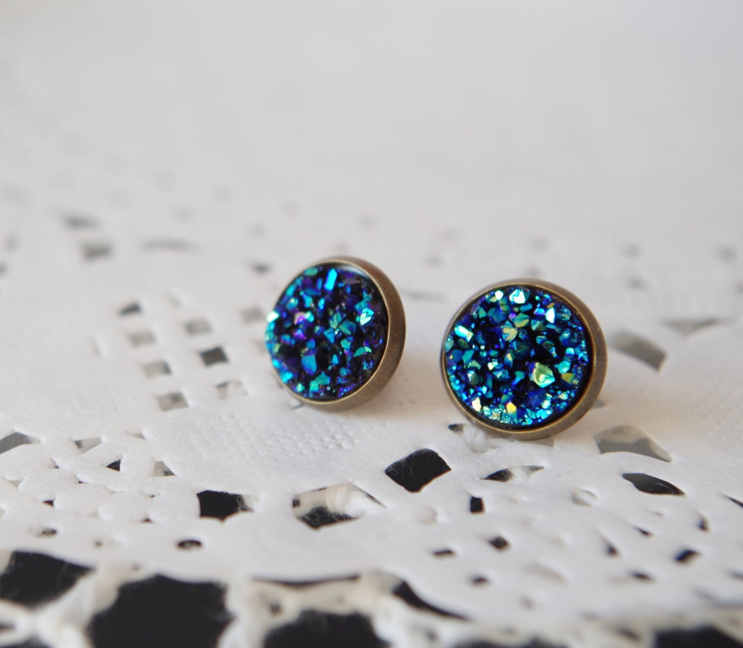 Blue druzy stud earrings Druzy post Druzy jewelry Small blue druzy studs Faux crystal earrings Crystal earrings Bridesmaid jewelry Tiny stud