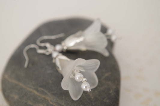 White Lucite Flower Earrings Lilac Flower Dangle Earrings Victorian Jewelry Party Gift Idea