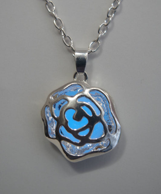 Glowing Rose Necklace Glow in the Dark Jewelry Silver Rose Aqua Glowing Necklace Mothers day gifts for  Her Women jewelry